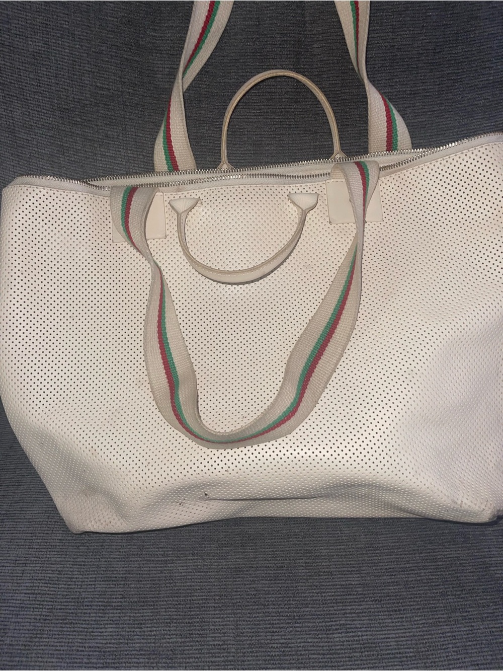 Clare V. Le Zip Sac with Front Pocket — Cream Perforated Leather